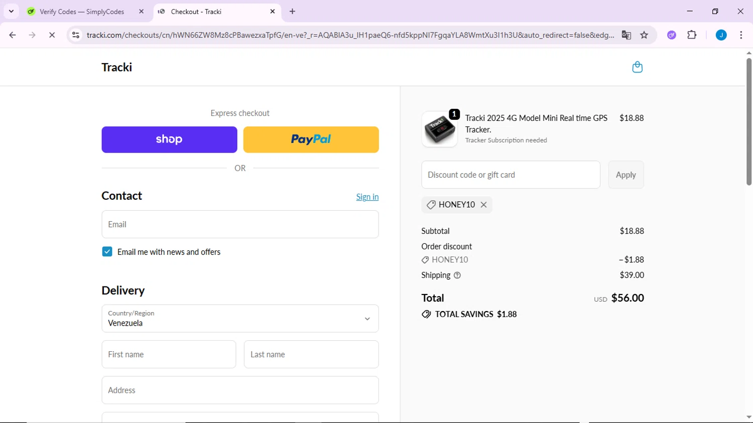 Tracki promo code screenshot showing code HONEY10 applied at Tracki checkout page. Uploaded by SimplyCodes community member CodeLynx3161 on Dec 6, 2025