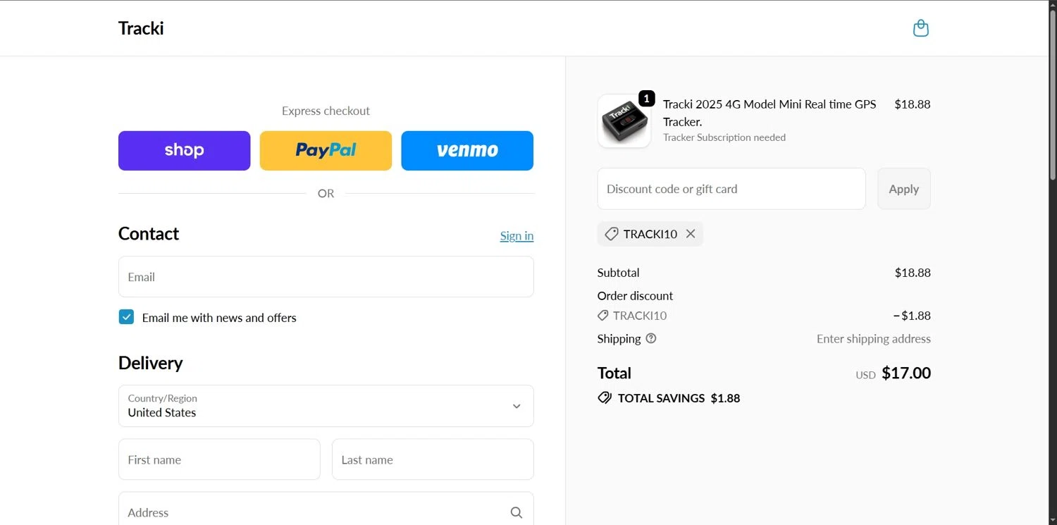 Tracki promo code screenshot showing code TRACKI10 applied at Tracki checkout page. Uploaded by SimplyCodes community member Depressive on Dec 28, 2025