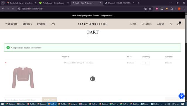 Tracy Anderson checkout page showing Tracy Anderson promo code box | Screenshot taken by SimplyCodes community member on Jun 1, 2025