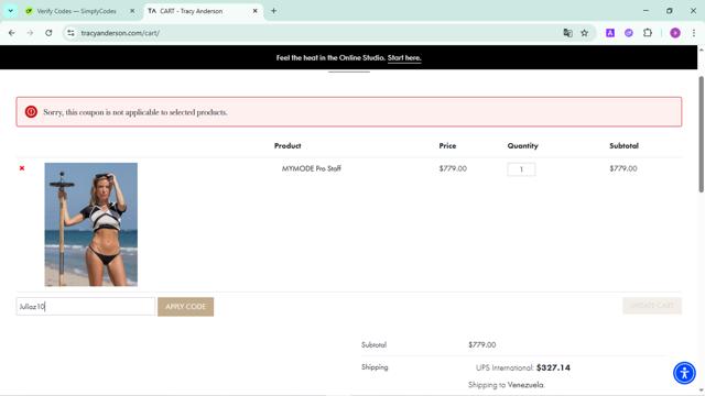 Tracy Anderson checkout page showing Tracy Anderson promo code box | Screenshot taken by SimplyCodes community member on Jun 7, 2025