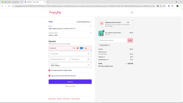 Tracys Dog checkout page showing Tracys Dog discount code box | Screenshot taken by SimplyCodes community member on Sep 2, 2025