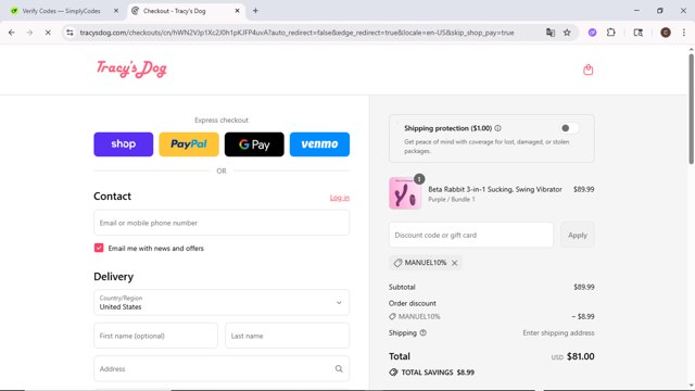 Tracys Dog checkout page showing Tracys Dog discount code box | Screenshot taken by SimplyCodes community member on Sep 2, 2025