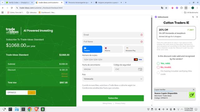 Trade Ideas checkout page showing Trade Ideas coupon code box | Screenshot taken by SimplyCodes community member on Sep 14, 2025