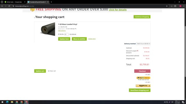 Trademark Soundproofing checkout page showing Trademark Soundproofing promo code box | Screenshot taken by SimplyCodes community member on Apr 25, 2025