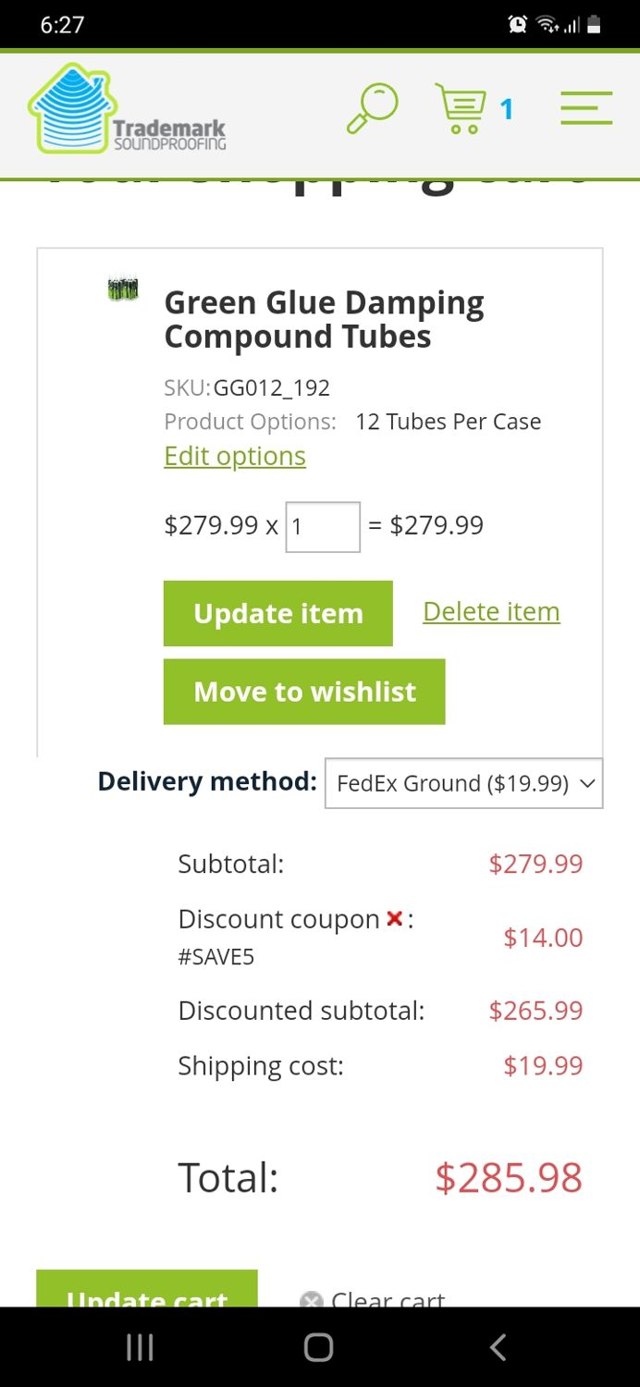 Trademark Soundproofing checkout page showing Trademark Soundproofing promo code box | Screenshot taken by SimplyCodes community member on Apr 27, 2024