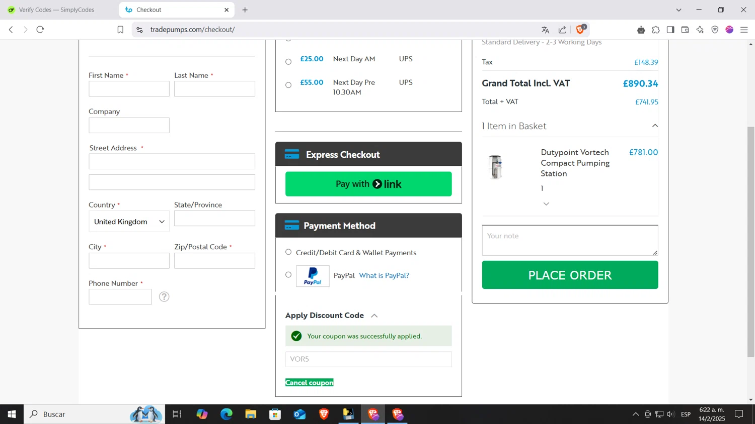 Tradepumps checkout page showing Tradepumps promo code box | Screenshot taken by SimplyCodes community member on Feb 14, 2025