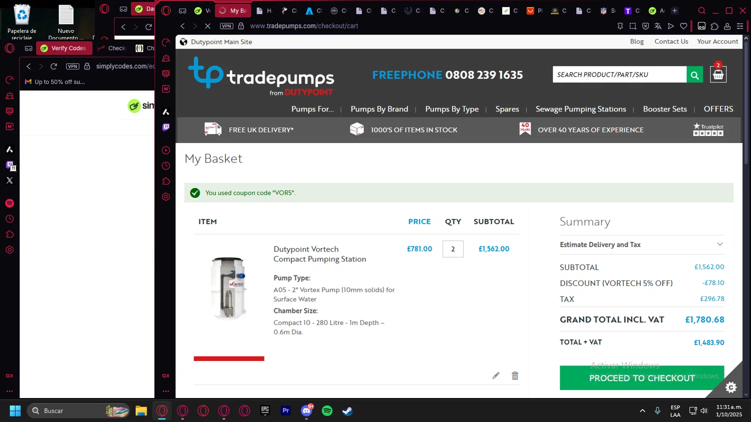 Tradepumps promo code screenshot showing code VOR5 applied at Tradepumps checkout page. Uploaded by SimplyCodes community member Billyyou on Oct 1, 2025