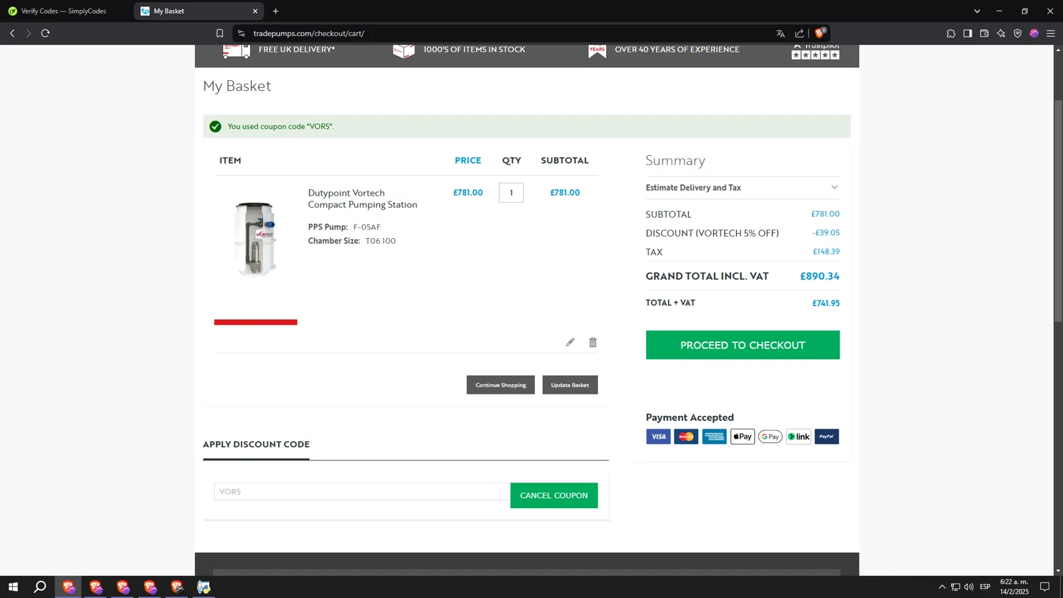 Tradepumps checkout page showing Tradepumps promo code box | Screenshot taken by SimplyCodes community member on Feb 14, 2025