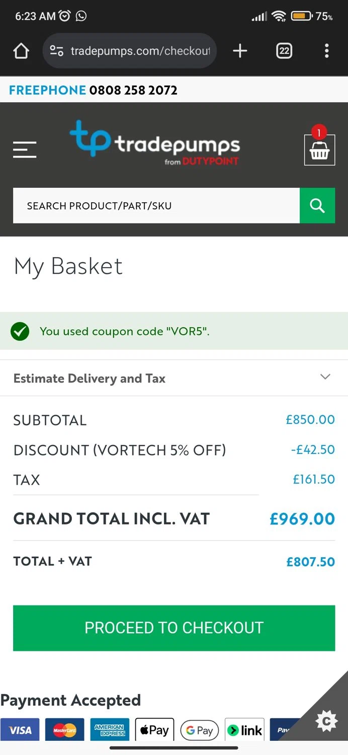 Tradepumps promo code screenshot showing code VOR5 applied at Tradepumps checkout page. Uploaded by SimplyCodes community member Mortek on Feb 14, 2025