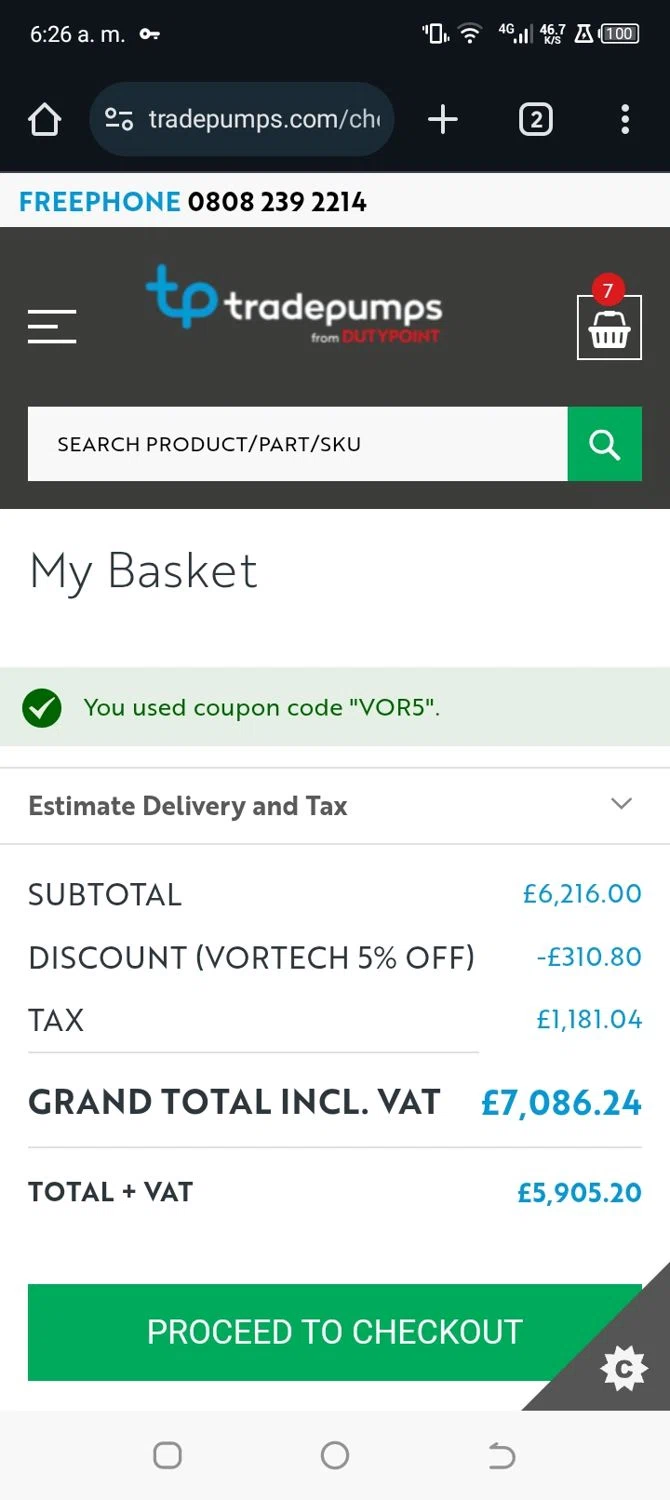 Tradepumps promo code screenshot showing code VOR5 applied at Tradepumps checkout page. Uploaded by SimplyCodes community member simplycodescupons on Mar 15, 2025