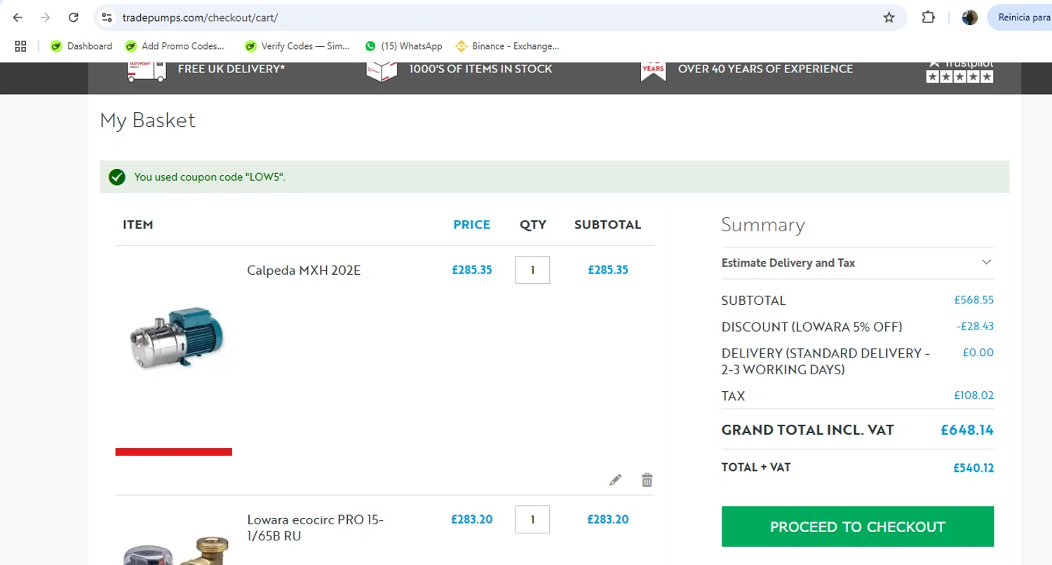 Tradepumps promo code screenshot showing code LOW5 applied at Tradepumps checkout page. Uploaded by SimplyCodes community member yeresojperez on Jul 23, 2025