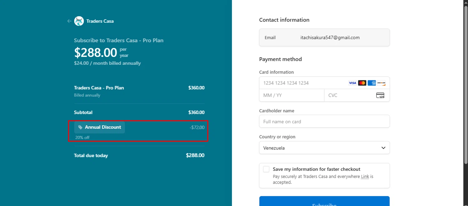 Traders Casa promo code screenshot showing code THEFXGEEK applied at Traders Casa checkout page. Uploaded by SimplyCodes community member noworries on Oct 31, 2025