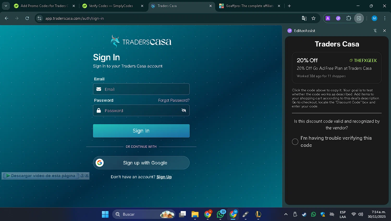 Traders Casa promo code screenshot showing code THEFXGEEK applied at Traders Casa checkout page. Uploaded by SimplyCodes community member rosamiranda on Nov 30, 2025