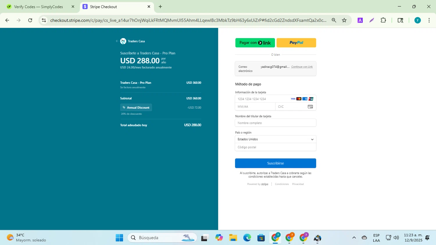 Traders Casa checkout page showing Traders Casa promo code box | Screenshot taken by SimplyCodes community member on Sep 12, 2025