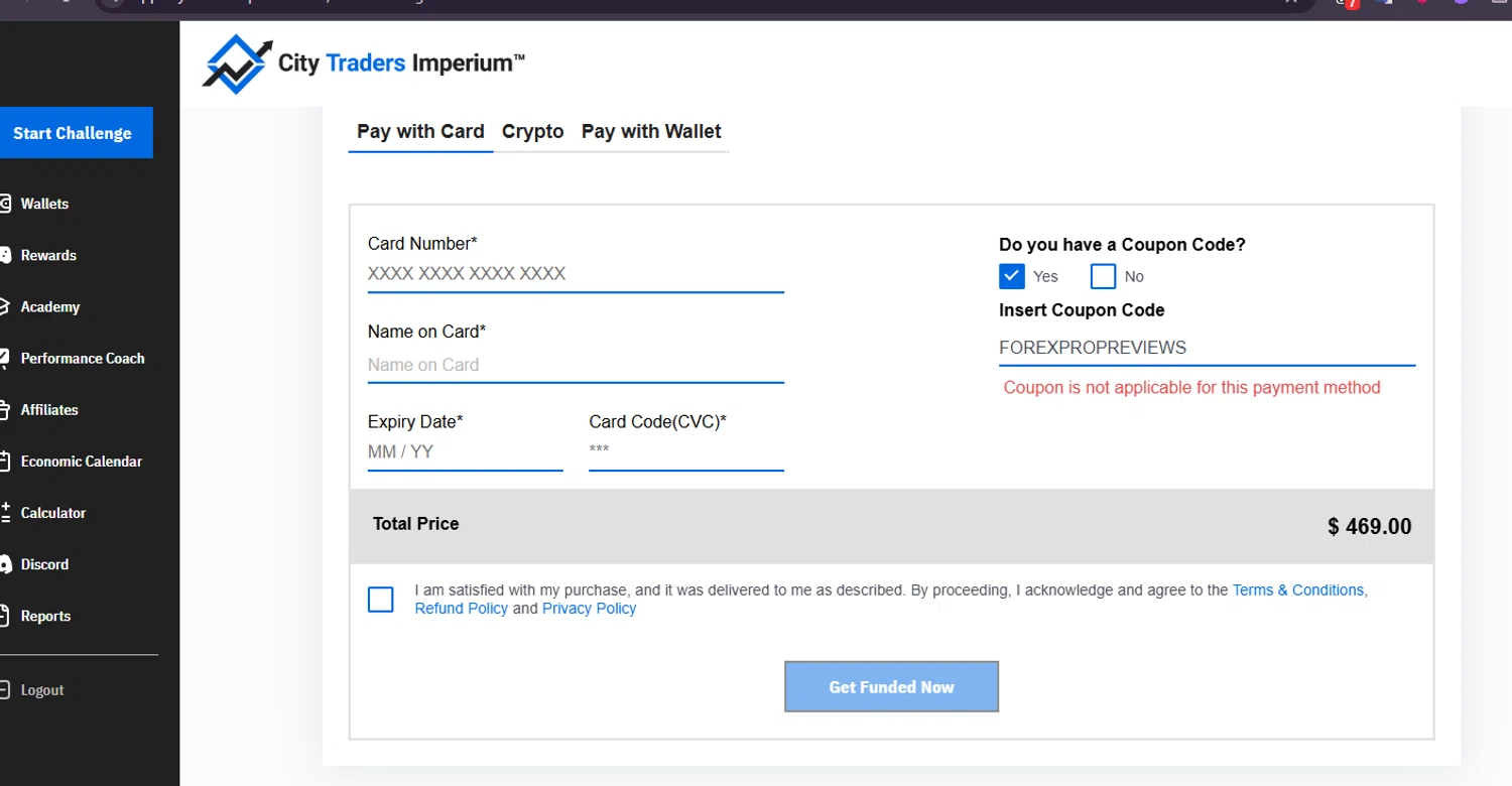 City Traders Imperium discount code screenshot showing code FOREXPROPREVIEWS applied at City Traders Imperium checkout page. Uploaded by SimplyCodes community member Francisco on Oct 23, 2025