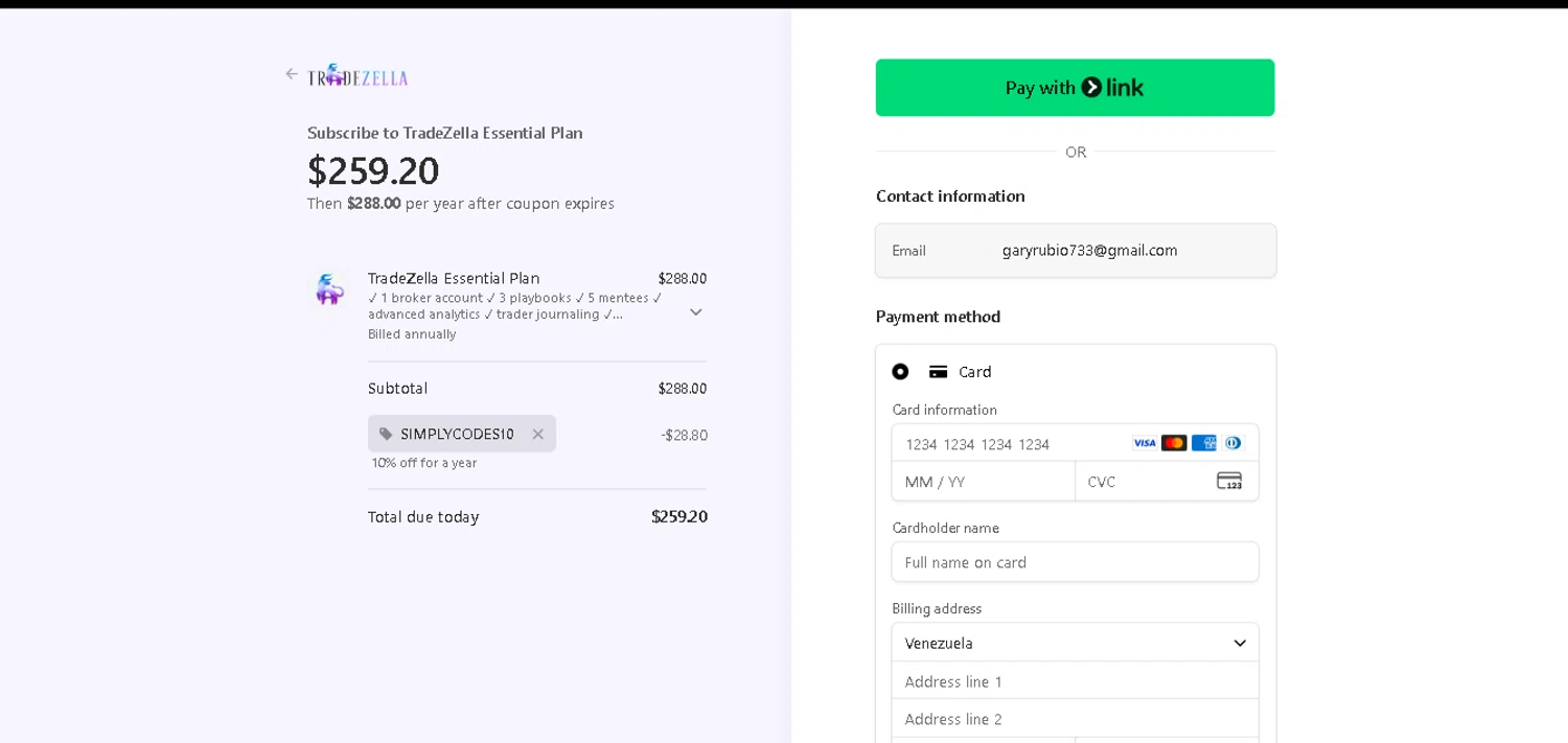TradeZella promo code screenshot showing code SIMPLYCODES10 applied at TradeZella checkout page. Uploaded by SimplyCodes community member BLUEBLASTOISE on Feb 1, 2026