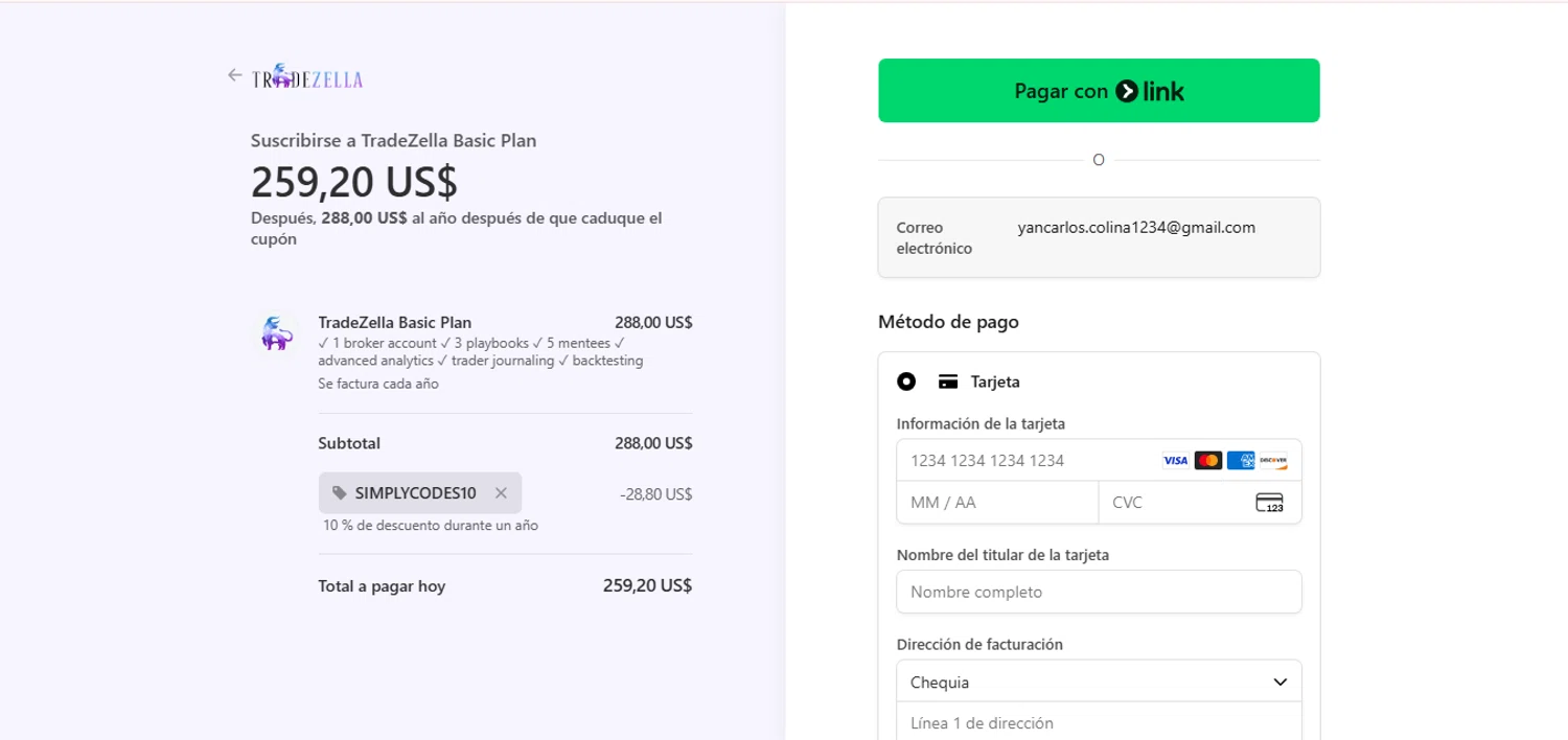 TradeZella promo code screenshot showing code SIMPLYCODES10 applied at TradeZella checkout page. Uploaded by SimplyCodes community member CashAce9852 on Nov 24, 2025