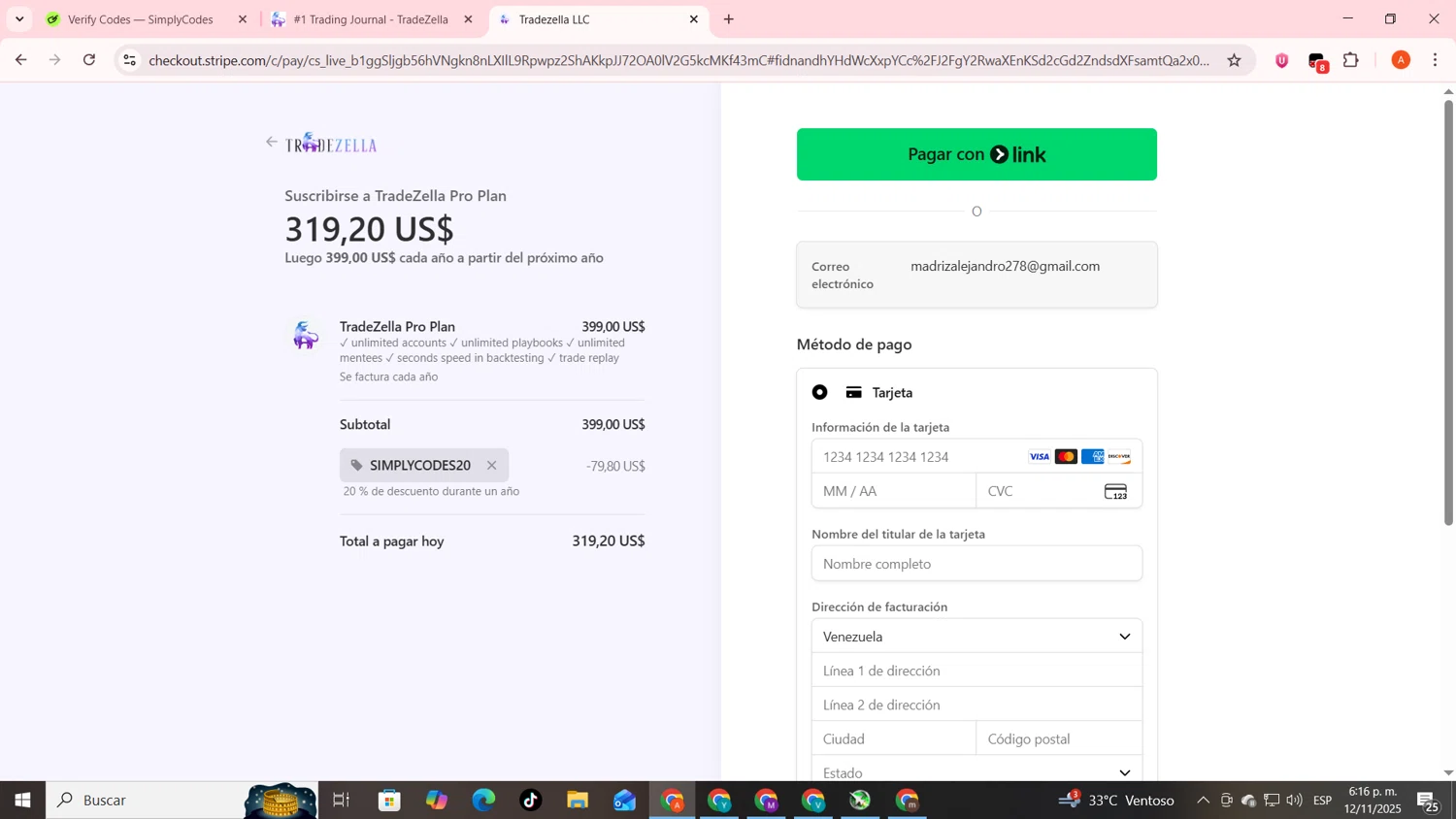 TradeZella promo code screenshot showing code simplycodes20 applied at TradeZella checkout page. Uploaded by SimplyCodes community member FrugalSentinel6206 on Nov 12, 2025