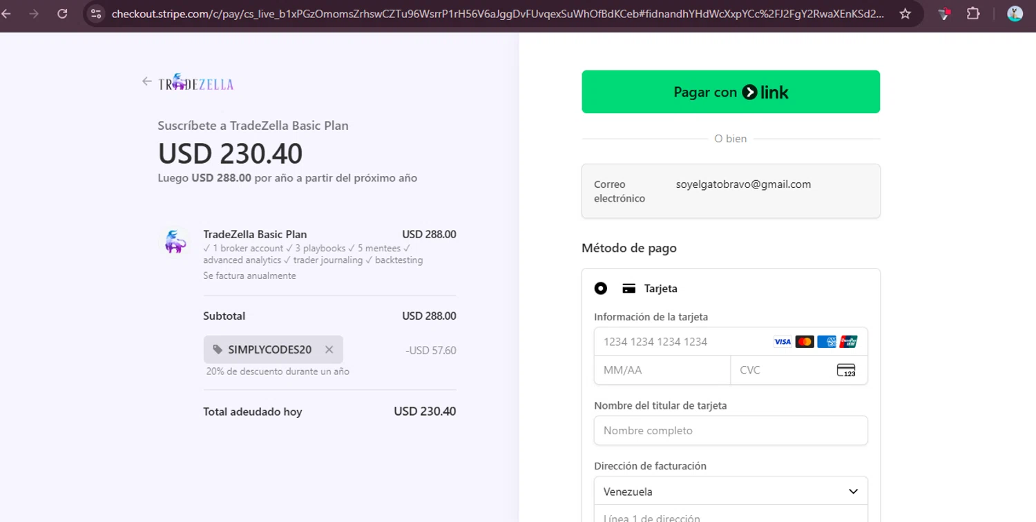 TradeZella promo code screenshot showing code simplycodes20 applied at TradeZella checkout page. Uploaded by SimplyCodes community member elgatobravo on Oct 25, 2025