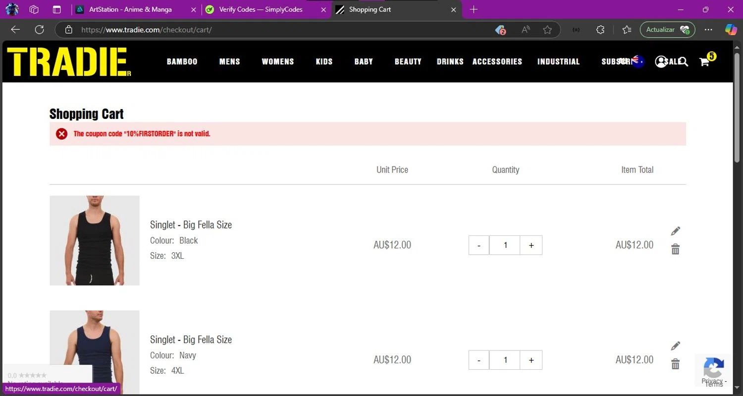 Tradie discount code screenshot showing code 10%FIRSTORDER applied at Tradie checkout page. Uploaded by SimplyCodes community member 61664350 on Feb 18, 2025