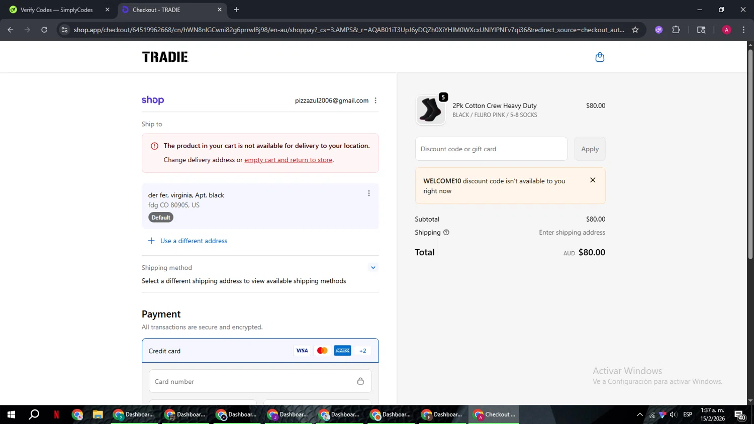 Tradie discount code screenshot showing code WELCOME10 applied at Tradie checkout page. Uploaded by SimplyCodes community member BMWGS1200 on Feb 15, 2026