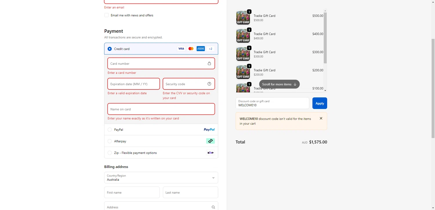 Tradie discount code screenshot showing code WELCOME10 applied at Tradie checkout page. Uploaded by SimplyCodes community member CashSentinel5495 on Dec 14, 2025