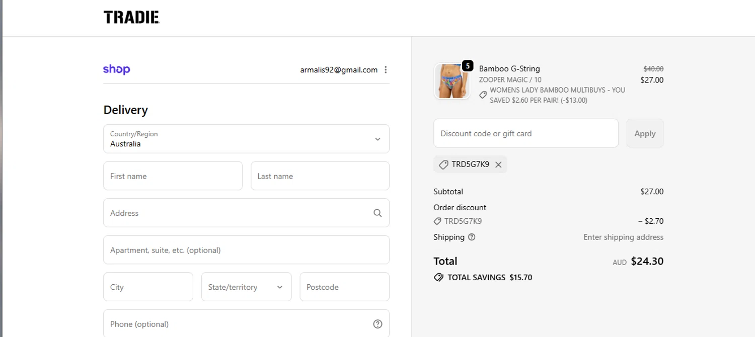 Tradie discount code screenshot showing code TRD5G7K9 applied at Tradie checkout page. Uploaded by SimplyCodes community member armalissolorzano1 on Jan 26, 2026