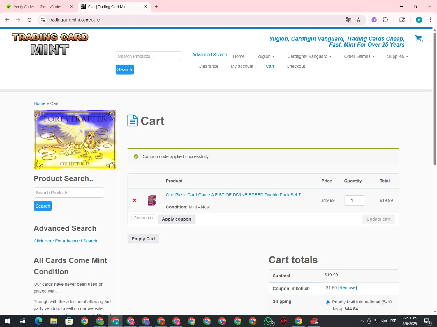 Trading Card Mint coupon code screenshot showing code MKOHL40 applied at Trading Card Mint checkout page. Uploaded by SimplyCodes community member GloriousTiger3507 on Jun 8, 2025