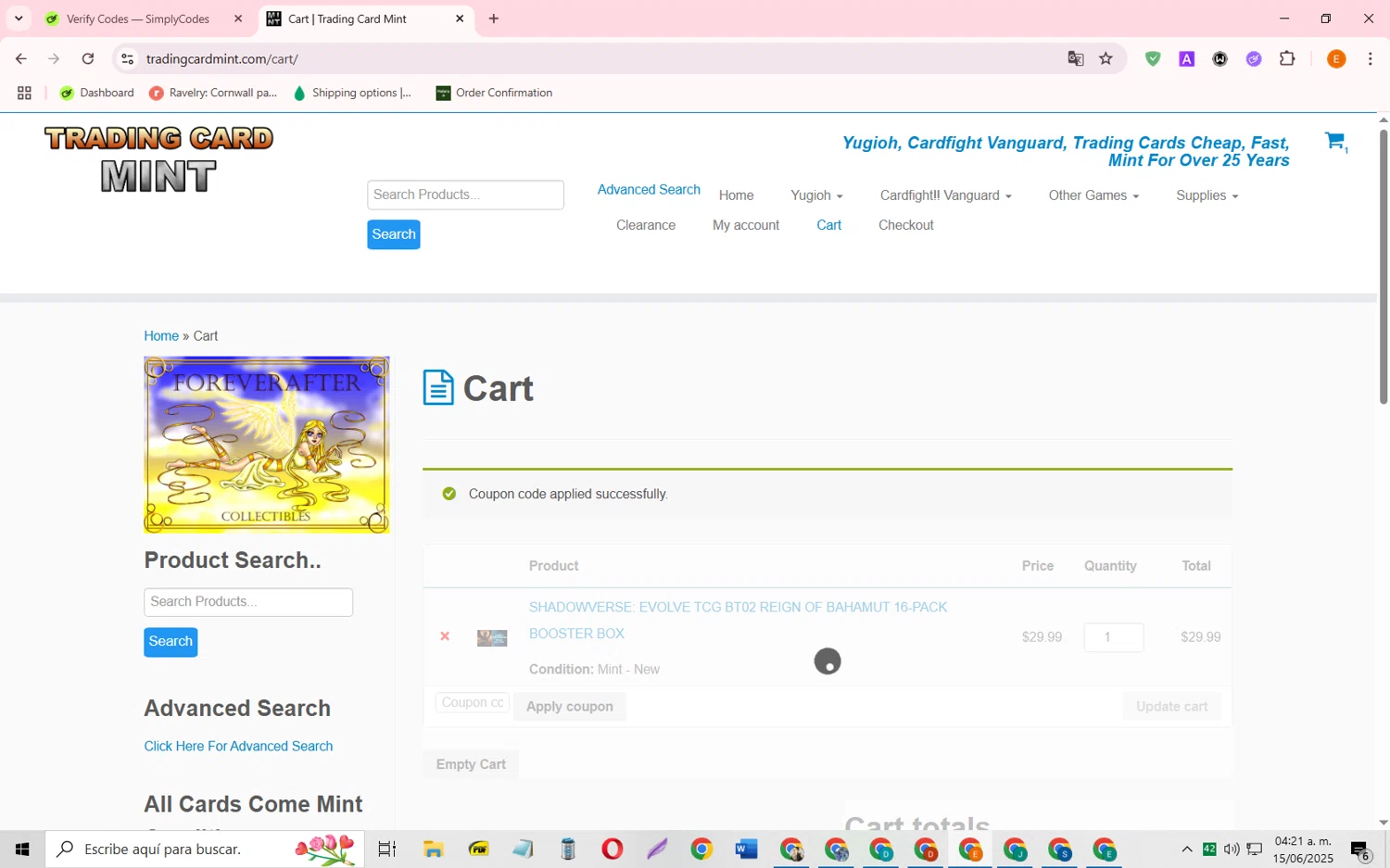 Trading Card Mint coupon code screenshot showing code MKOHL40 applied at Trading Card Mint checkout page. Uploaded by SimplyCodes community member RewardFalcon3197 on Jun 15, 2025