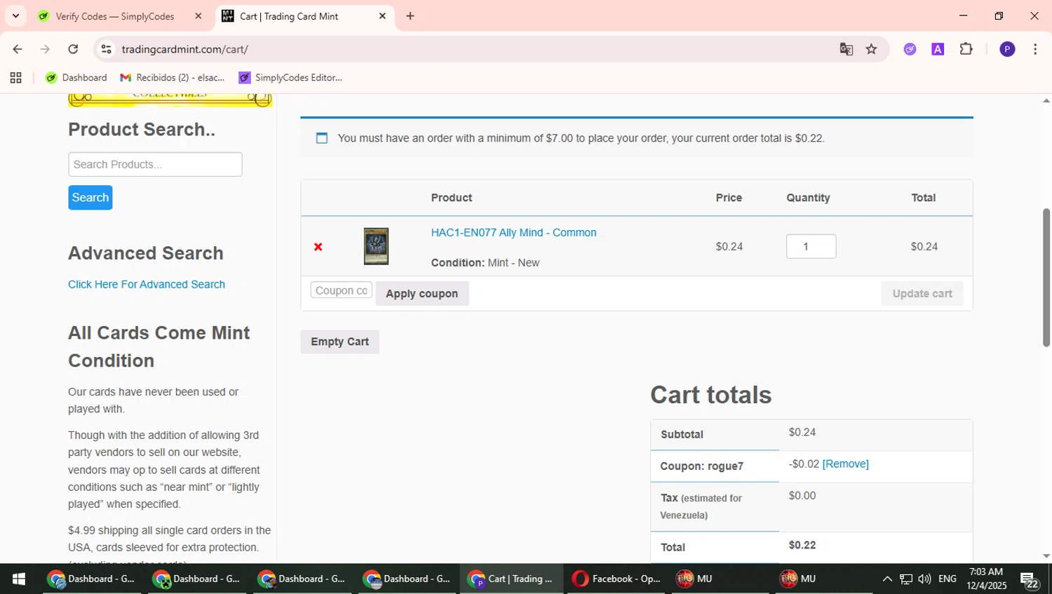 Trading Card Mint checkout page showing Trading Card Mint coupon code box | Screenshot taken by SimplyCodes community member on Dec 4, 2025