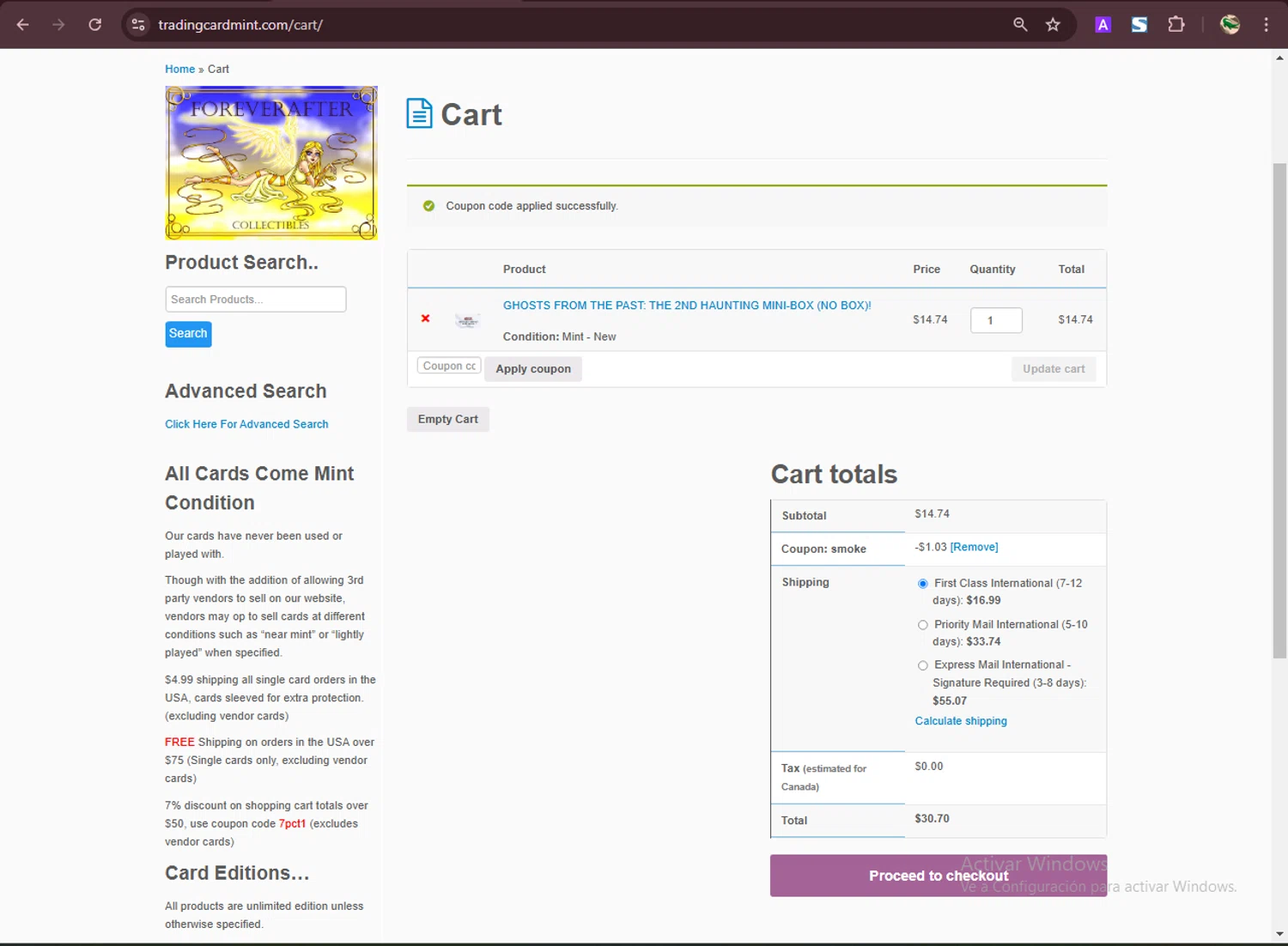 Trading Card Mint coupon code screenshot showing code smoke applied at Trading Card Mint checkout page. Uploaded by SimplyCodes community member RewardDefender7173 on Feb 19, 2025