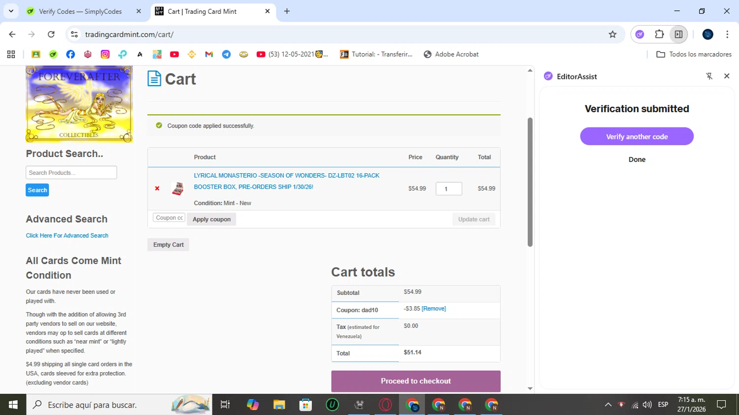 Trading Card Mint checkout page showing Trading Card Mint coupon code box | Screenshot taken by SimplyCodes community member on Jan 27, 2026