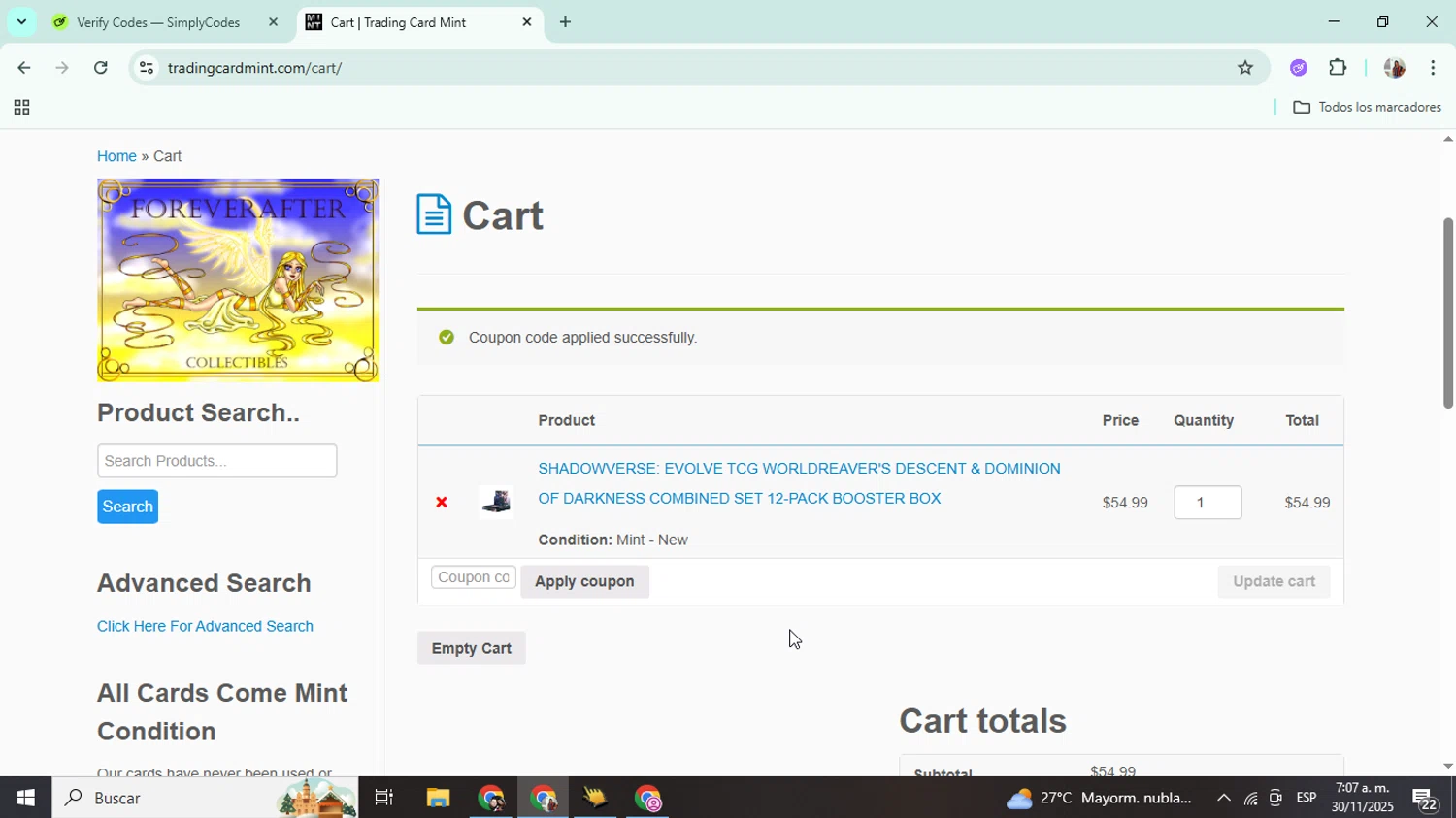 Trading Card Mint coupon code screenshot showing code dad10 applied at Trading Card Mint checkout page. Uploaded by SimplyCodes community member Mujerdejunnior on Nov 30, 2025