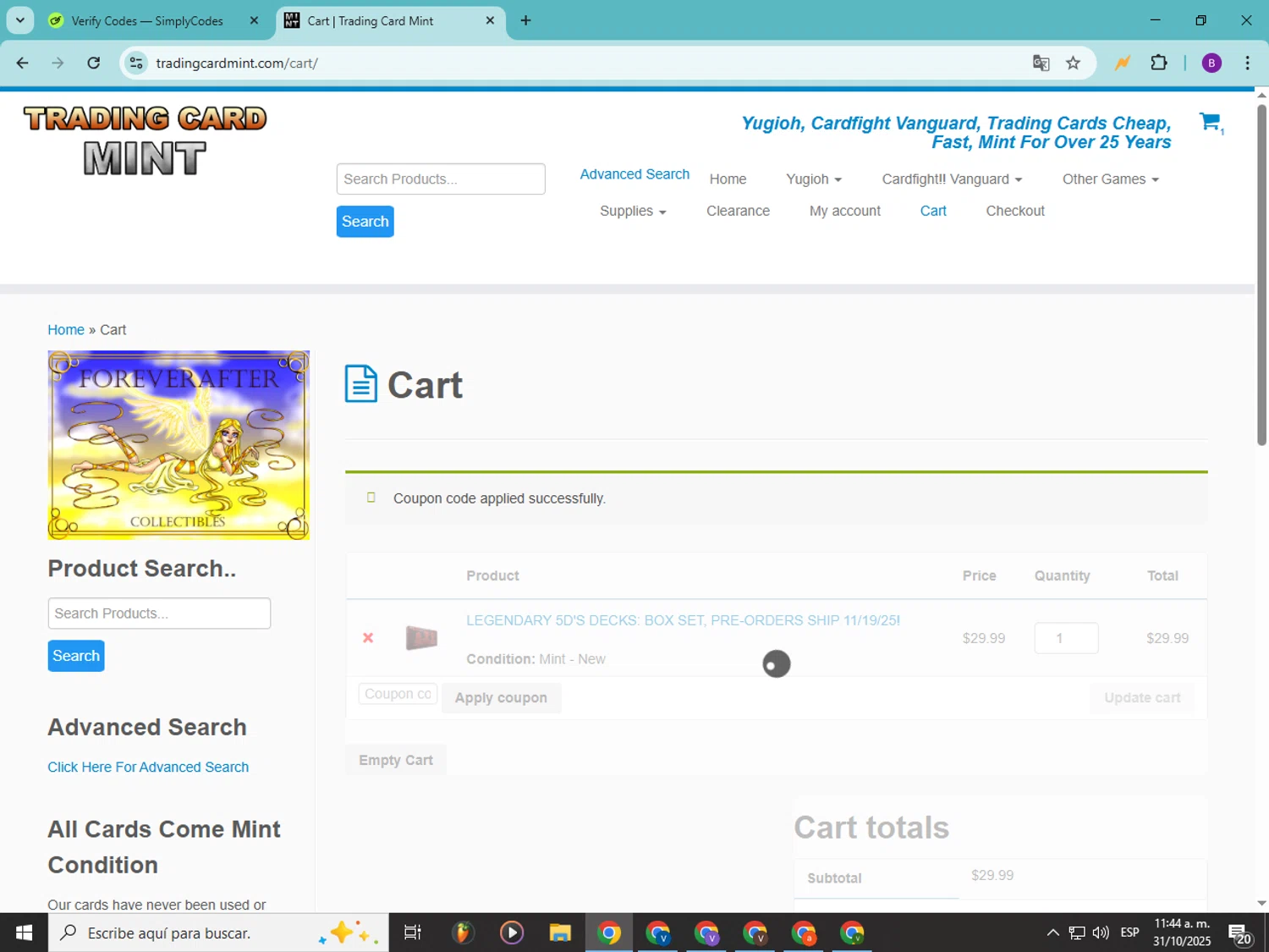 Trading Card Mint coupon code screenshot showing code dad10 applied at Trading Card Mint checkout page. Uploaded by SimplyCodes community member Soyvictor on Oct 31, 2025