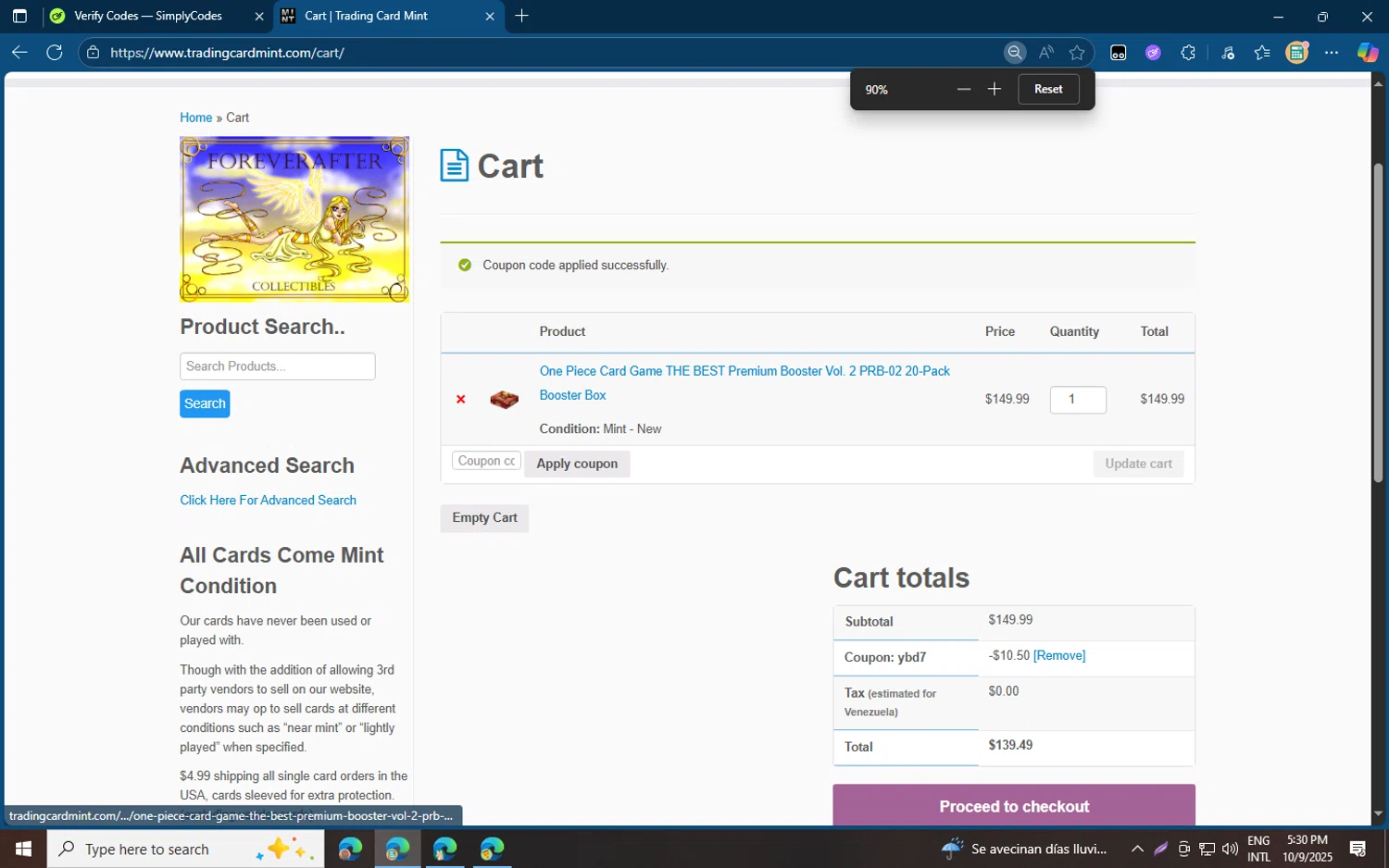 Trading Card Mint coupon code screenshot showing code YBD7 applied at Trading Card Mint checkout page. Uploaded by SimplyCodes community member jvllsk3 on Oct 9, 2025