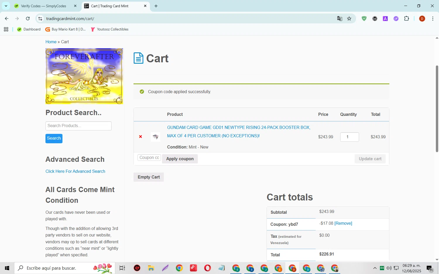Trading Card Mint coupon code screenshot showing code YBD7 applied at Trading Card Mint checkout page. Uploaded by SimplyCodes community member SaleSaver3540 on Aug 12, 2025