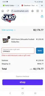 Trading Card Market coupon verification screenshot