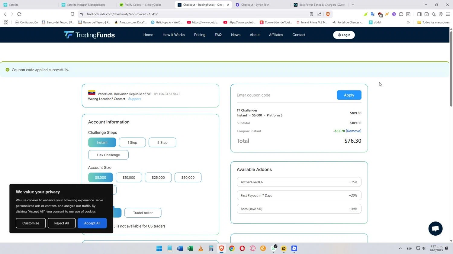 TradingFunds promo code screenshot showing code INSTANT applied at TradingFunds checkout page. Uploaded by SimplyCodes community member Darkosukaru on Jul 20, 2025
