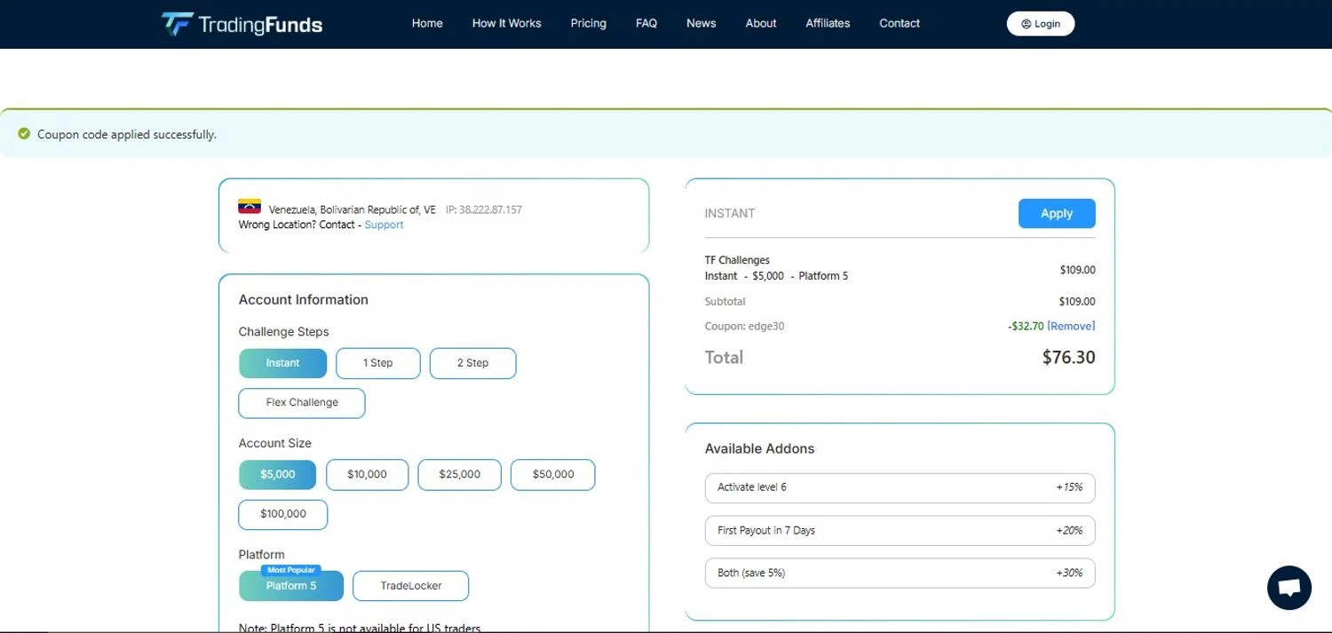 TradingFunds promo code screenshot showing code INSTANT applied at TradingFunds checkout page. Uploaded by SimplyCodes community member FortunateScholar5901 on Oct 15, 2025