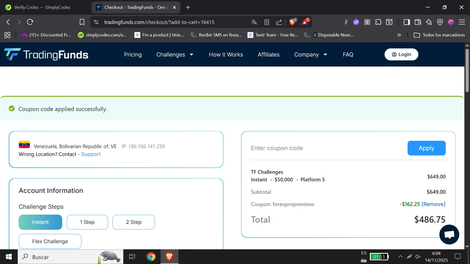 TradingFunds promo code screenshot showing code FOREXPROPREVIEWS applied at TradingFunds checkout page. Uploaded by SimplyCodes community member DORIANGEL on Nov 14, 2025