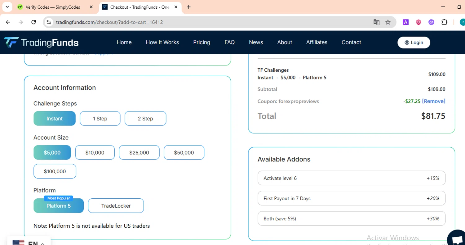 TradingFunds promo code screenshot showing code FOREXPROPREVIEWS applied at TradingFunds checkout page. Uploaded by SimplyCodes community member TokenScout7028 on Jun 21, 2025