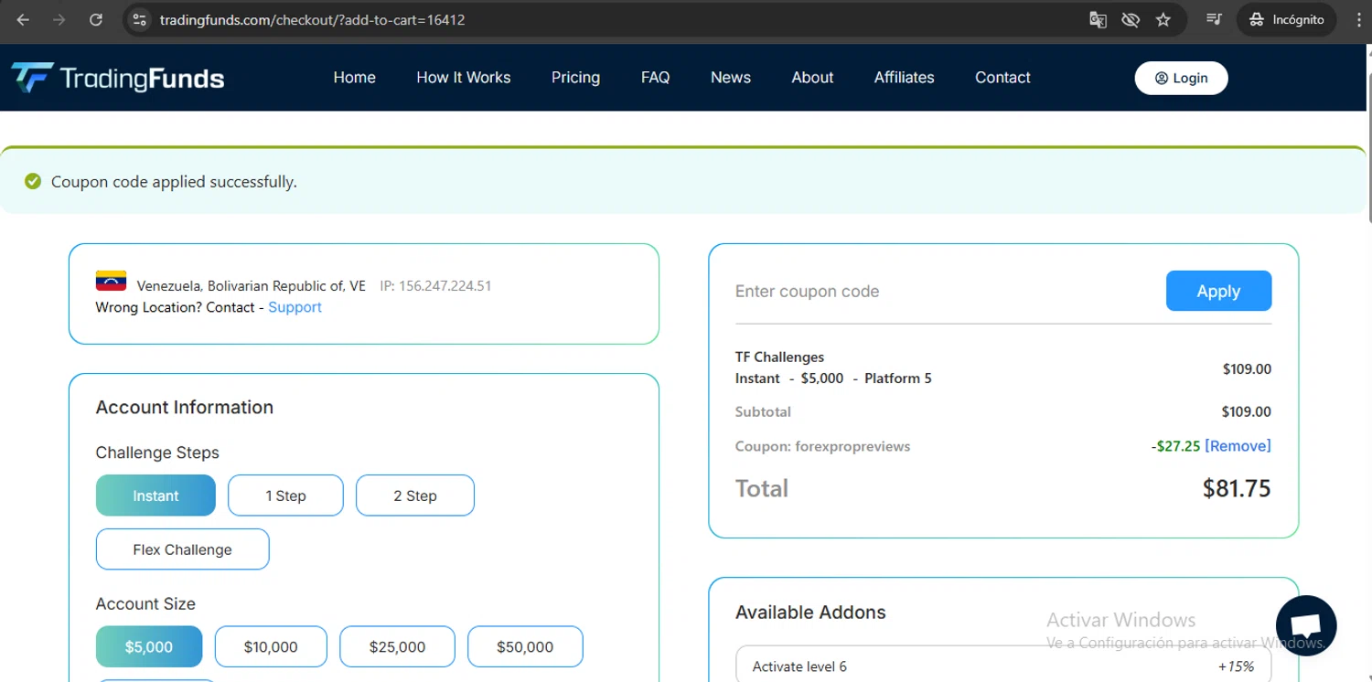 TradingFunds promo code screenshot showing code FOREXPROPREVIEWS applied at TradingFunds checkout page. Uploaded by SimplyCodes community member UchihaMadara on Oct 15, 2025