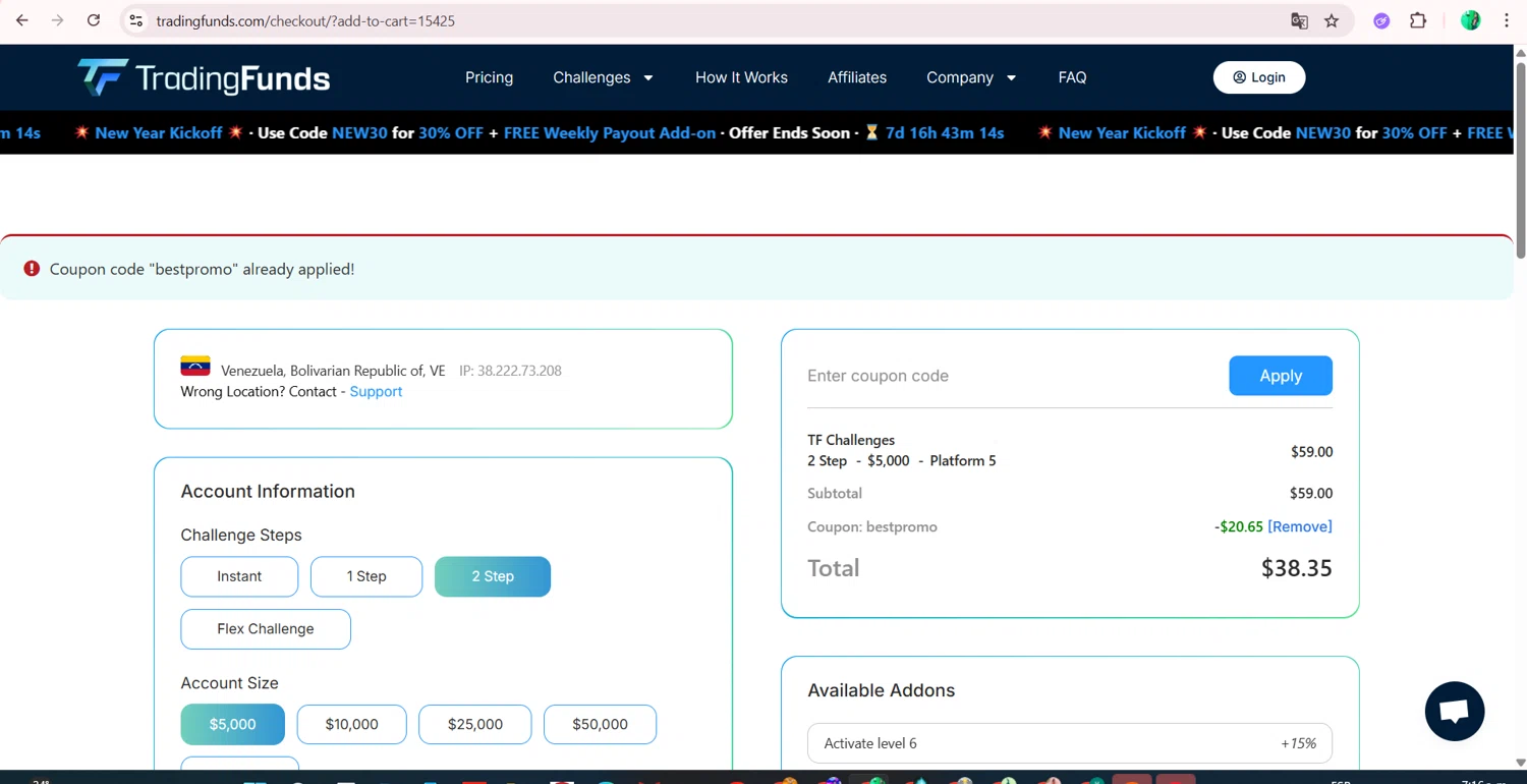 TradingFunds checkout page showing TradingFunds promo code box | Screenshot taken by SimplyCodes community member on Jan 20, 2026