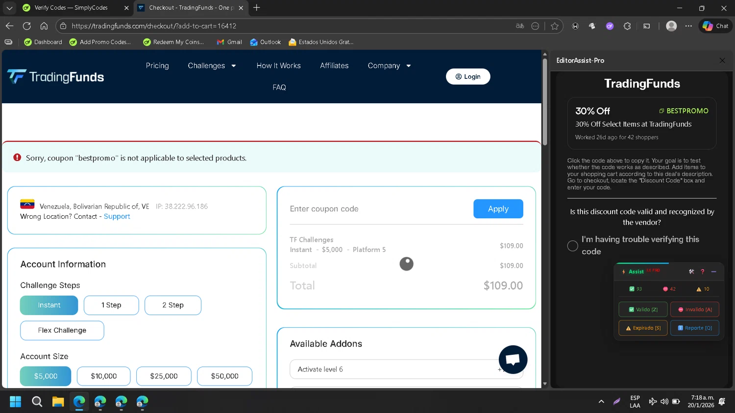 TradingFunds checkout page showing TradingFunds promo code box | Screenshot taken by SimplyCodes community member on Jan 20, 2026