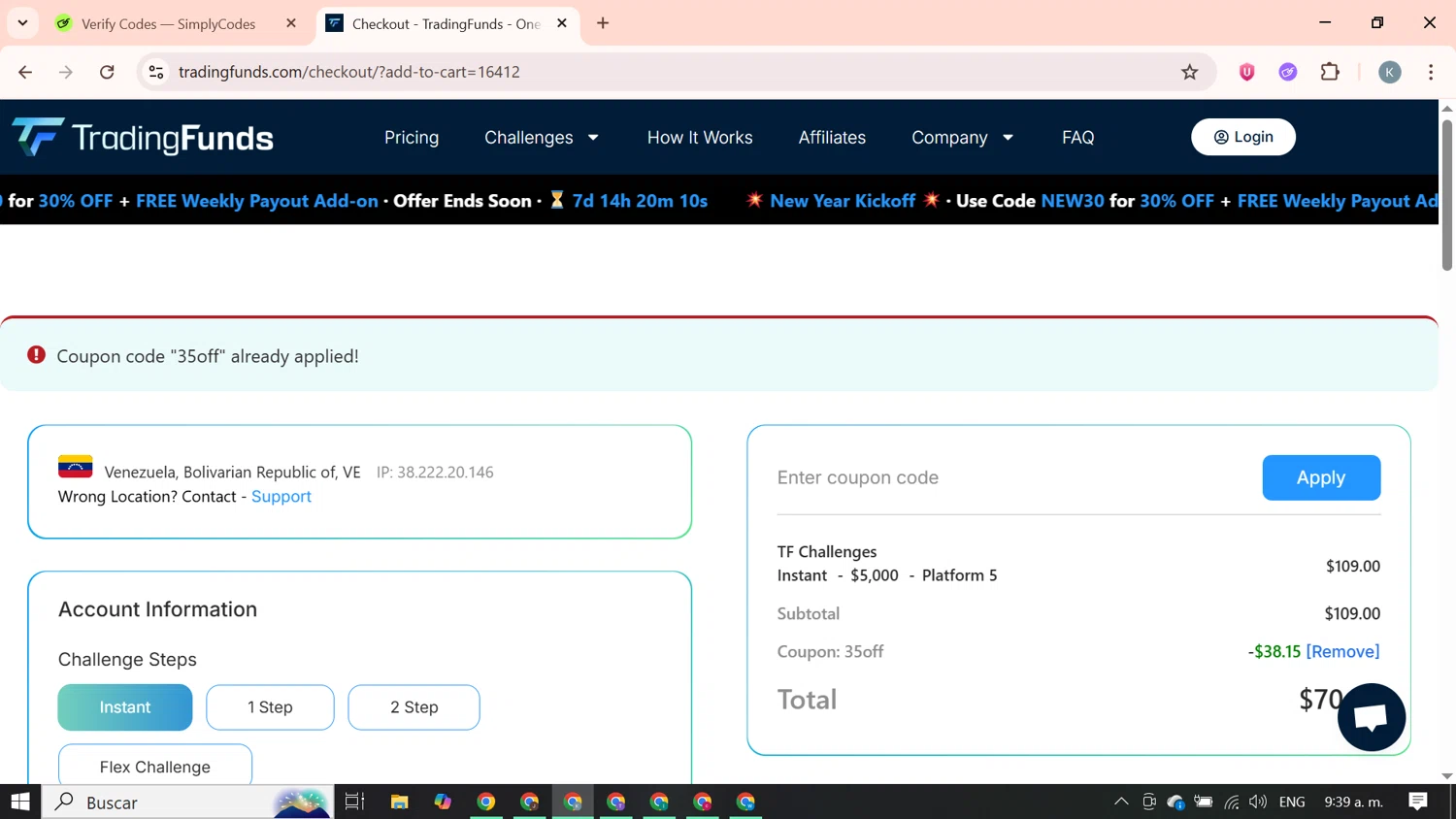 TradingFunds promo code screenshot showing code 35off applied at TradingFunds checkout page. Uploaded by SimplyCodes community member SavingsBoss9912 on Jan 19, 2026