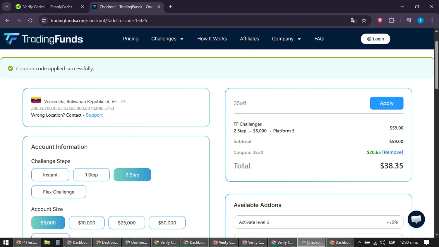 TradingFunds checkout page showing TradingFunds promo code box | Screenshot taken by SimplyCodes community member on Feb 5, 2026