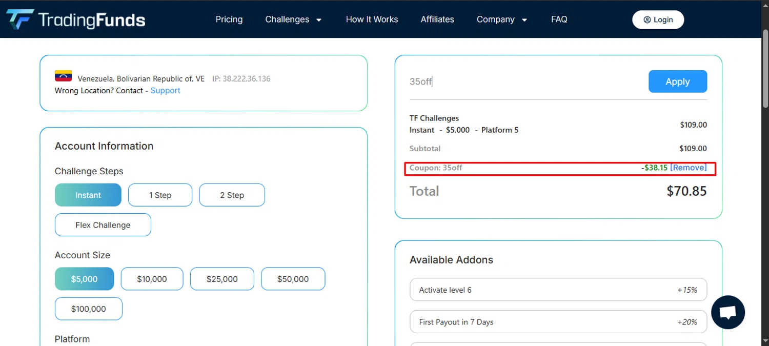 TradingFunds promo code screenshot showing code 35off applied at TradingFunds checkout page. Uploaded by SimplyCodes community member noworries on Nov 11, 2025