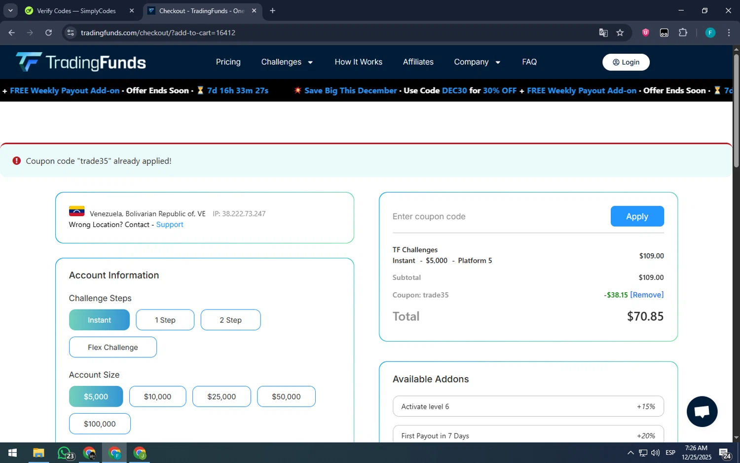 TradingFunds promo code screenshot showing code TRADE35 applied at TradingFunds checkout page. Uploaded by SimplyCodes community member ArizaJuan on Dec 25, 2025