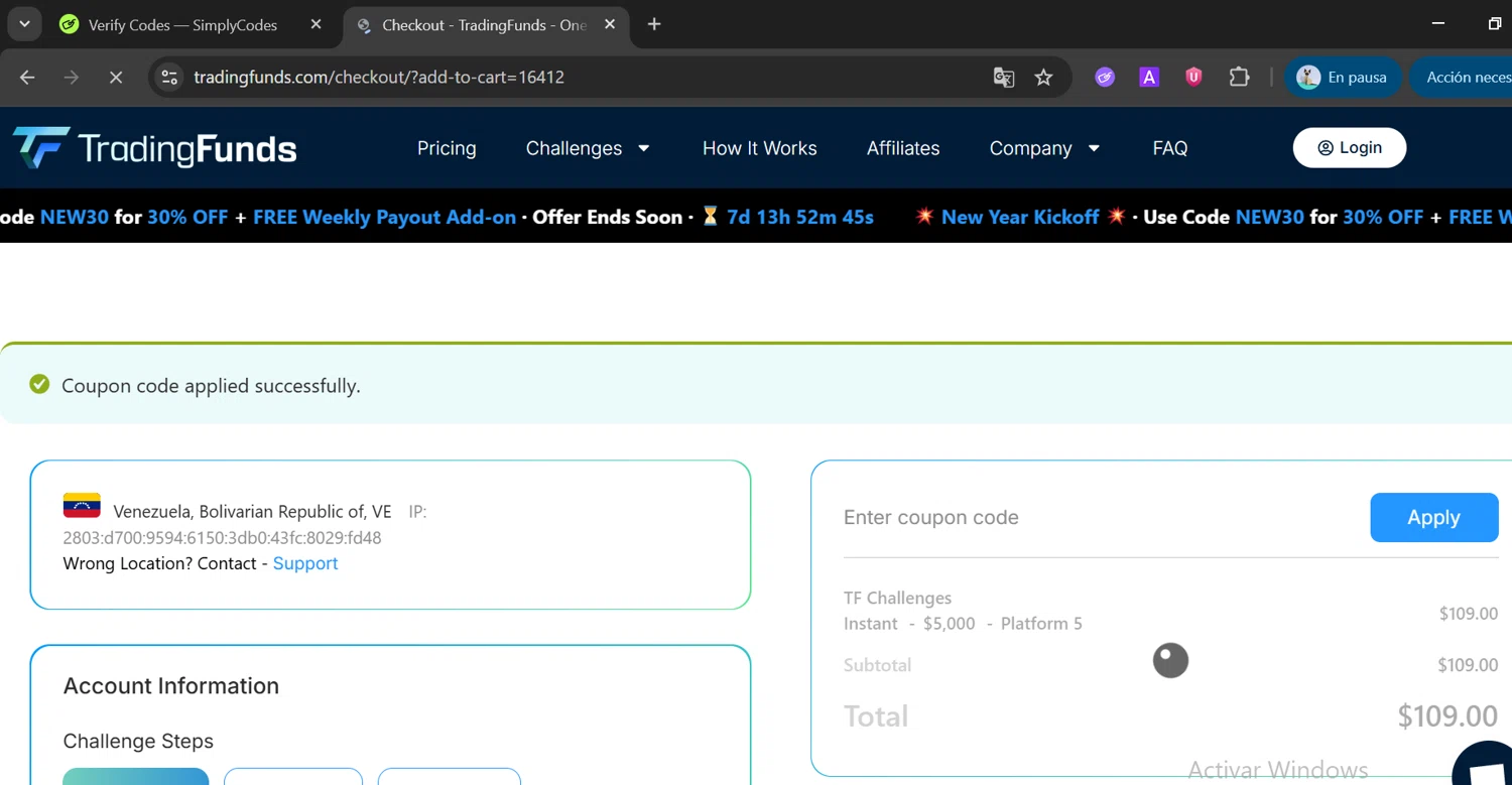 TradingFunds promo code screenshot showing code TRADE35 applied at TradingFunds checkout page. Uploaded by SimplyCodes community member CoinOwl5103 on Jan 23, 2026