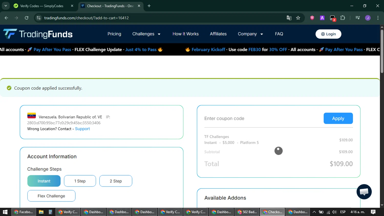 TradingFunds promo code screenshot showing code TRADE35 applied at TradingFunds checkout page. Uploaded by SimplyCodes community member sniderjack453 on Feb 6, 2026